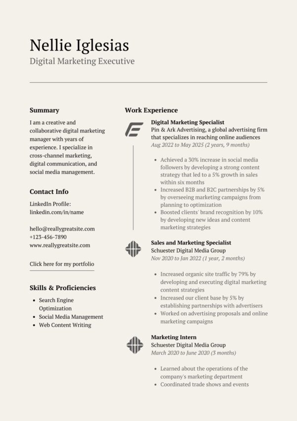 resume for digital marketing executive